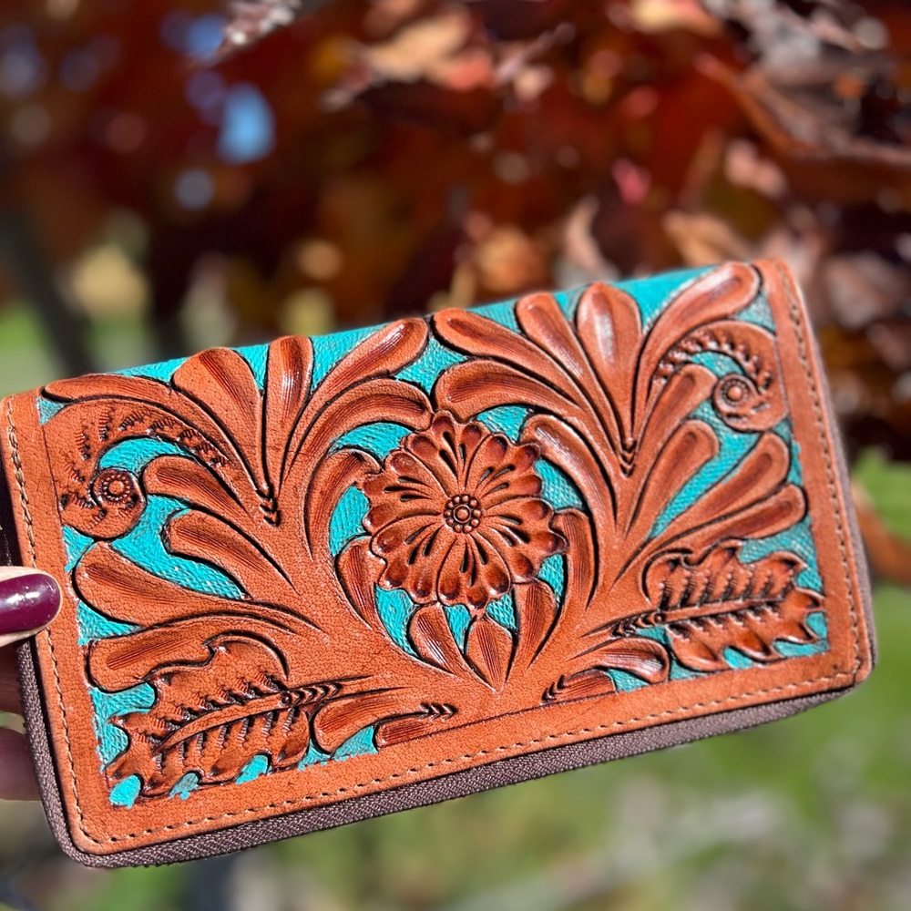 Floral Tooled Genuine  Leather floral Wallet New Card Holder Turquoise - Picture 4 of 9